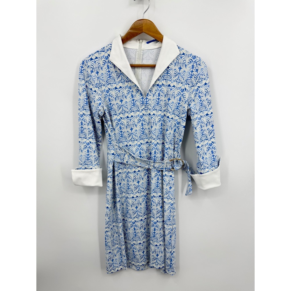 J.McLaughlin Catalina Cloth Dress Women Size S Blue‎ White Fan Print Belted Cuff
